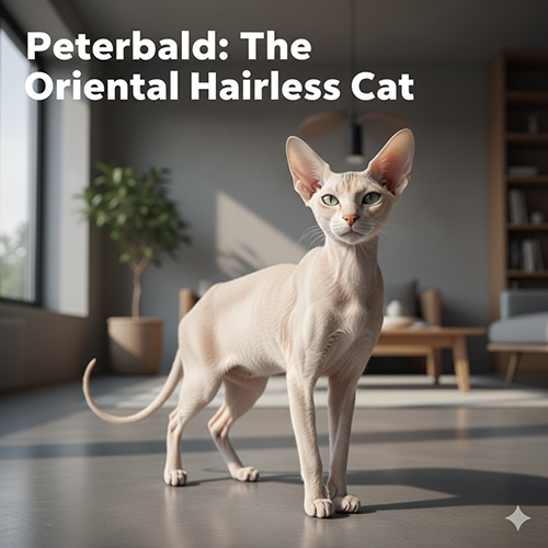 Mèo Peterbald dáng thon dài đứng trong phòng sáng tối giản, minh họa cho giống mèo không lông phong thái Oriental