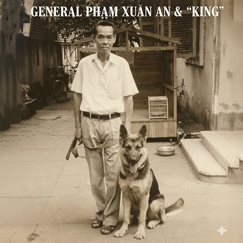 Thiếu tướng Phạm Xuân Ẩn đứng bên chú chó Becgie Đức tên King trong sân nhà, ảnh tư liệu đen trắng