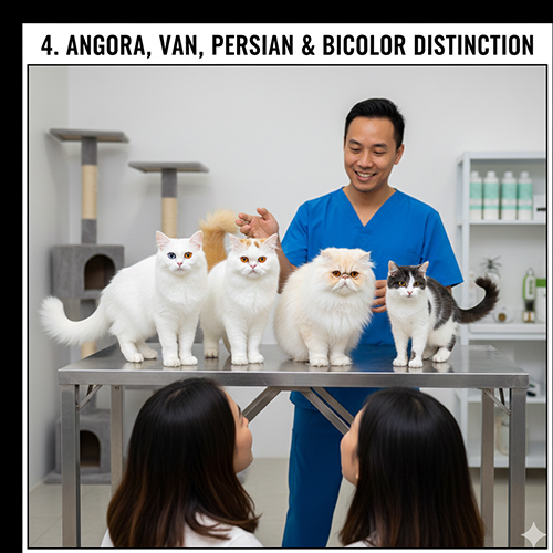 bac si thu y gioi thieu meo Angora Van Persian va meo bicolor cho hai khach hang dang quan sat