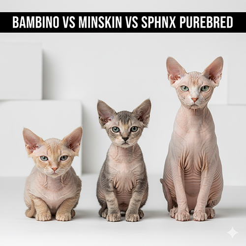 Ba bé mèo không lông gồm Bambino, Minskin và Sphynx thuần ngồi cạnh nhau trên nền trắng, minh họa cho phần phân biệt các giống không lông chân ngắn và Sphynx thuần