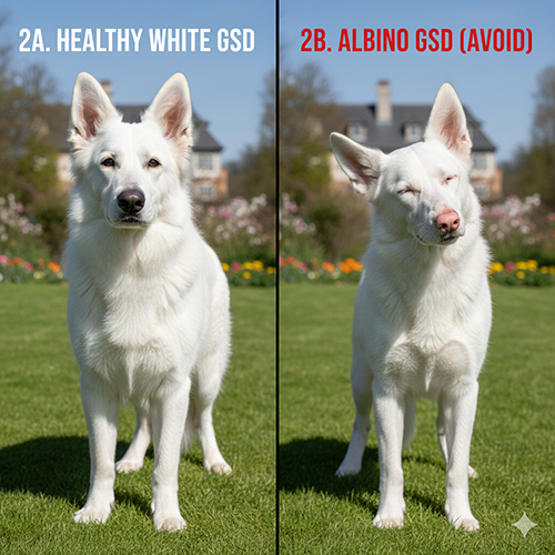 So sánh chó Becgie trắng khỏe mạnh và chó Becgie bạch tạng với khác biệt về mắt, mũi và sắc tố