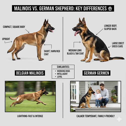 Infographic so sánh chó Béc Bỉ Malinois và Becgie Đức về ngoại hình, tính cách và năng lượng