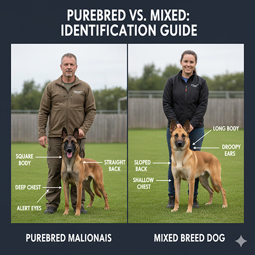 So sánh chó Becgie Bỉ thuần chủng và chó lai để minh họa sự khác biệt về form xương, lưng, ngực và tai