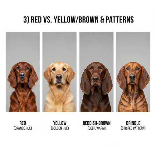 so sánh chó đỏ chó vàng chó nâu đỏ và chó vện để phân biệt màu lông và pattern