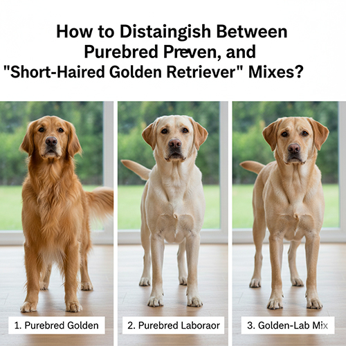 Ba chú chó đứng cạnh nhau gồm Golden thuần, Labrador thuần và chó Golden lai Labrador để minh họa cách phân biệt với “chó Golden lông ngắn”