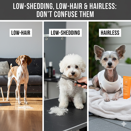 Infographic phân biệt chó ít lông, chó ít rụng lông và chó không lông với 3 hình minh họa theo từng nhóm