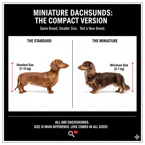 Infographic so sánh chó Lạp xưởng size tiêu chuẩn và size mini, cùng dáng thân dài chân ngắn nhưng kích thước cơ thể khác nhau