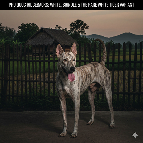 Chó Phú Quốc bạch hổ đứng ngoài trời, nền lông sáng với vện đậm rõ, dáng săn chắc