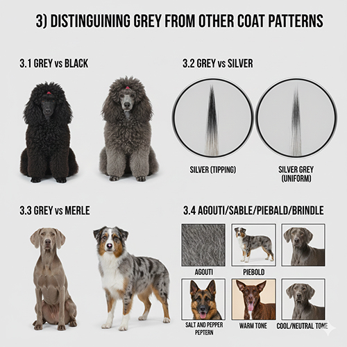 So sánh chó xám với màu đen, silver, merle và các pattern như agouti, khoang, vện