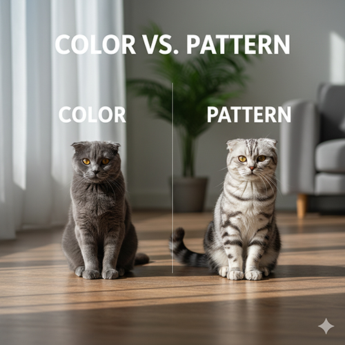 Hai mèo Scottish Fold ngồi cạnh nhau, một bé màu xám xanh đơn sắc và một bé vằn silver tabby, minh họa sự khác biệt giữa “color” và “pattern”.