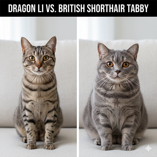 So sánh mèo Dragon Li và mèo Anh lông ngắn tabby với khác biệt về dáng người và khuôn mặt
