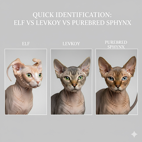 So sánh Elf, Levkoy và Sphynx thuần trên nền xám, minh họa sự khác nhau giữa tai cuộn, tai cụp và tai dựng.