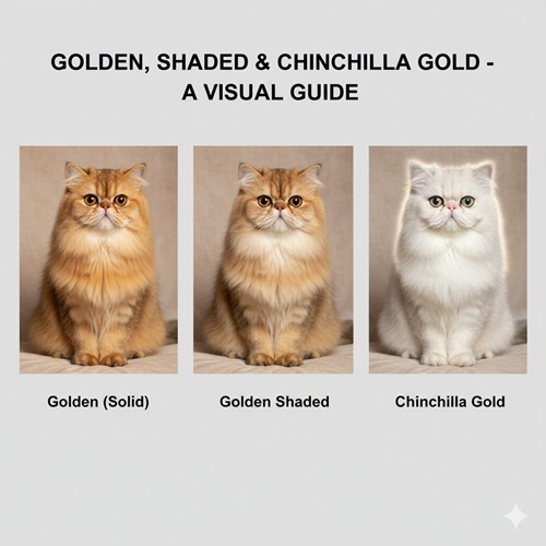 so sánh mèo Ba Tư golden, golden shaded và chinchilla gold qua ba ảnh trực quan