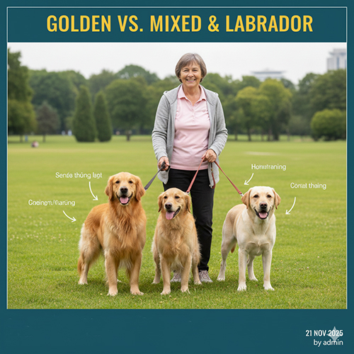 Hình so sánh Golden thuần chủng, Golden lai và Labrador khi đứng cạnh nhau với chủ trong công viên