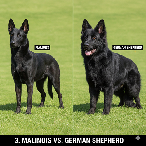 Ảnh so sánh chó Malinois đen và chó Bec Đức đen đứng trên bãi cỏ, thể hiện sự khác biệt về dáng và lông