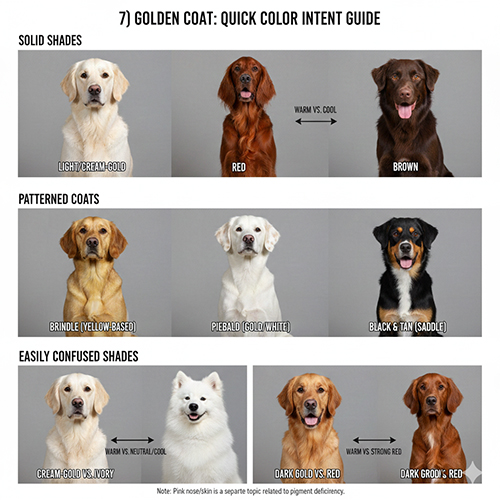 Bảng phân biệt nhanh màu lông dễ nhầm: vàng kem, vàng, đỏ, nâu và các pattern như vện, khoang vàng trắng, đen-vàng