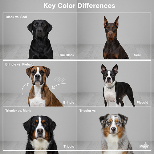 So sánh trực quan các kiểu màu lông chó: đen tuyền, seal, brindle, piebald, tricolor và merle – minh họa sự khác biệt giữa các pattern phổ biến.