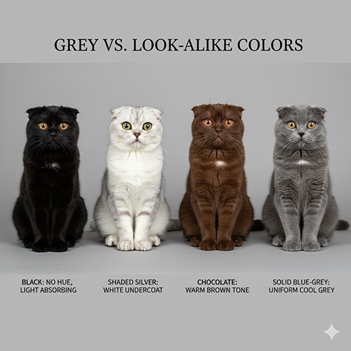 bốn mèo scottish fold màu đen silver chocolate và xám ngồi cạnh nhau trên nền xám để so sánh