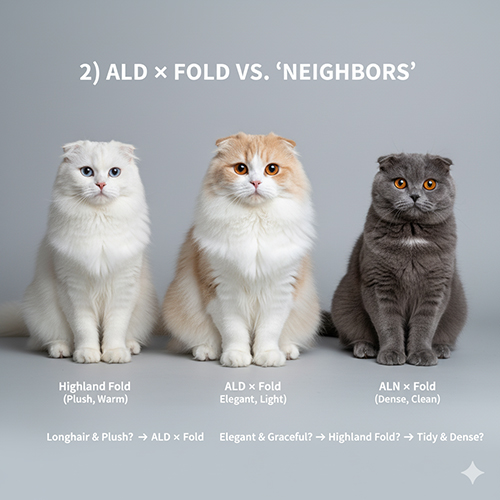 Ba bé mèo Scottish Fold lai: trắng, vàng trắng và xám đứng cạnh nhau, minh họa sự khác biệt giữa ALD × Fold, Highland Fold và ALN × Fold.