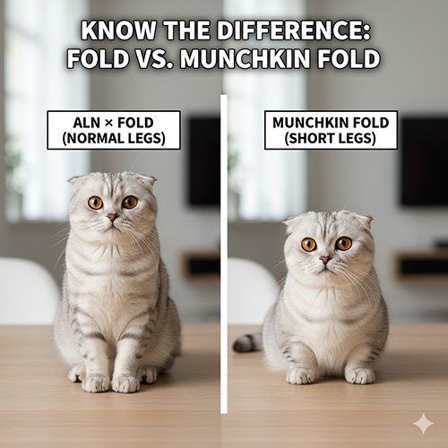So sánh mèo Anh lông ngắn tai cụp (ALN × Fold) chân bình thường và mèo Munchkin Fold chân ngắn