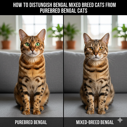 Hai chú mèo Bengal ngồi cạnh nhau: bên trái là Bengal thuần chủng với hoa văn rosetted rõ nét, bên phải là Bengal lai với đốm nhỏ mờ hơn.