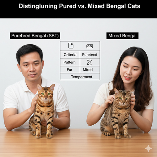 Cặp đôi ngồi so sánh hai mèo Bengal – một thuần chủng và một lai – đặt trước bảng tiêu chí phân biệt