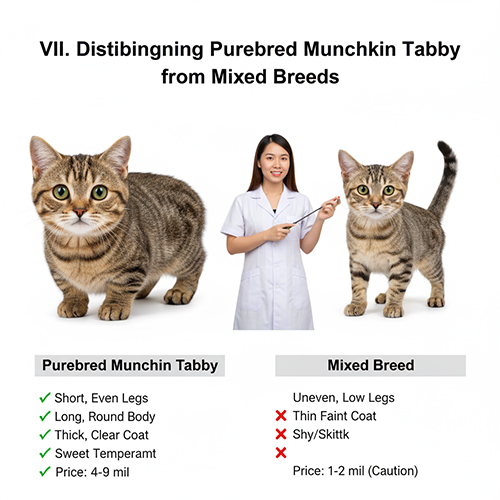 Bác sĩ thú y đứng giữa hai mèo Munchkin Tabby thuần và mèo lai, minh họa sự khác biệt về dáng, lông và tính cách
