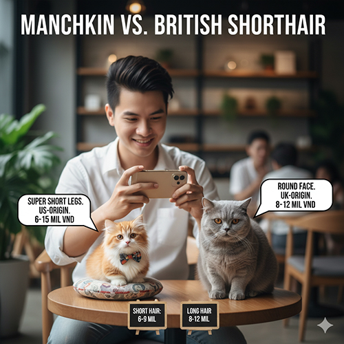 So sánh mèo Munchkin chân cực ngắn và mèo Anh lông ngắn mặt tròn; ảnh chụp cận cảnh hai bé ngồi trên bàn cà phê kèm nhãn giá phổ biến.