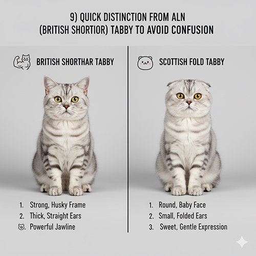 So sánh mèo British Shorthair tabby và Scottish Fold tabby, khác biệt ở khung xương, tai và biểu cảm.