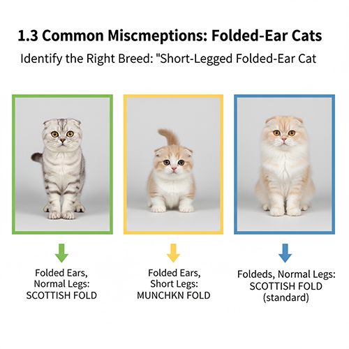 Ba chú mèo minh họa sự khác biệt giữa Scottish Fold và Munchkin Fold theo đặc điểm tai và chân