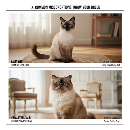 So sánh mèo Balinese (Xiêm lông dài) và mèo Himalayan/ALD trong không gian nội thất, minh họa sự khác biệt về khuôn mặt và cấu trúc lông