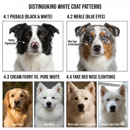 So sánh các pattern long trắng: piebald trắng–đen, merle có mắt xanh, sắc kem/ivory vs trắng thuần, và hiện tượng mũi đỏ giả do ánh sáng/chinh WB