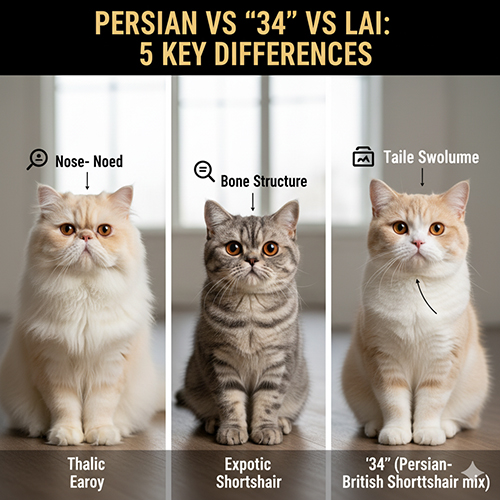 Ba bé mèo Persian thuần, Exotic và “34” ngồi cạnh nhau để minh họa 5 điểm khác biệt về mũi, stop, xương, tai, coat và đuôi.