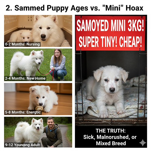 So sánh các giai đoạn phát triển của Samoyed con với quảng cáo “Samoyed mini siêu nhỏ” gây hiểu lầm