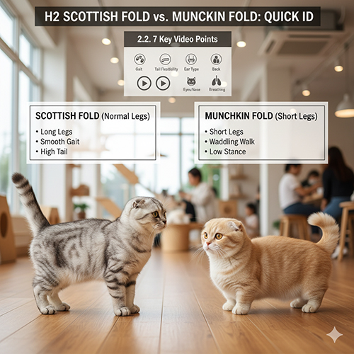 Hai chú mèo Scottish Fold và Munchkin Fold đứng đối diện trong quán cà phê, minh họa sự khác biệt giữa chân dài và chân ngắn