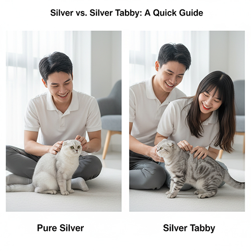 Hai cặp đôi trẻ đang chơi với mèo Silver và Silver Tabby Scottish Fold, minh họa sự khác biệt giữa lông bạc trơn và lông bạc vằn