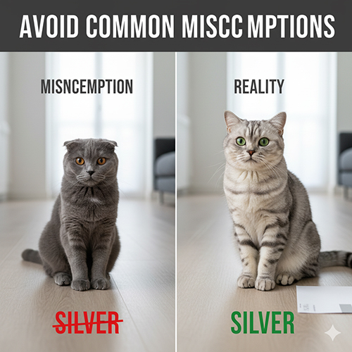 So sánh hai mèo Scottish Fold: bên trái lông xám solid, bên phải silver tabby ánh kim – minh họa sự khác biệt giữa màu xám và silver thật.