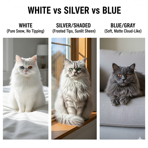 So sánh mèo Ba Tư màu White, Silver Shaded và Blue để nhận biết khác biệt ở viền lông và sắc độ