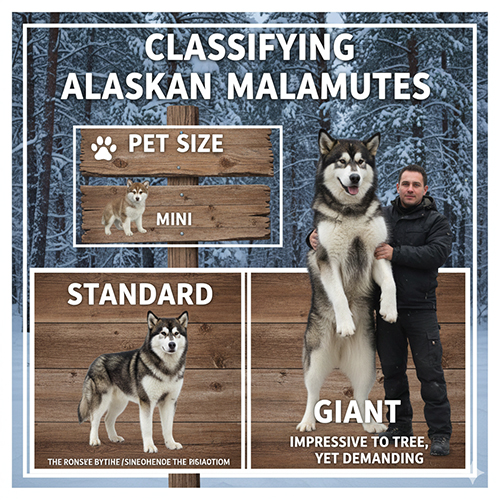 Sơ đồ phân loại các dòng chó Alaska Malamute gồm Mini pet size, Standard và Giant dựa theo kích thước cơ thể