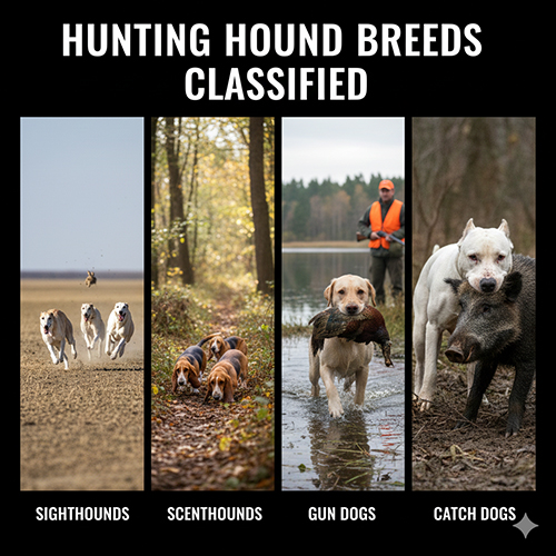 Ảnh minh họa bốn nhóm chó săn phổ biến: sighthounds, scenthounds, gun dogs và catch dogs