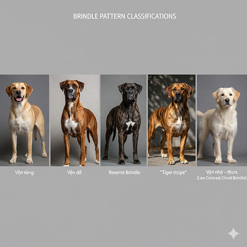 Bảng minh họa các kiểu chó vện (brindle) gồm vện vàng, vện đỏ, reverse brindle, tiger stripe và vện nhẹ thưa