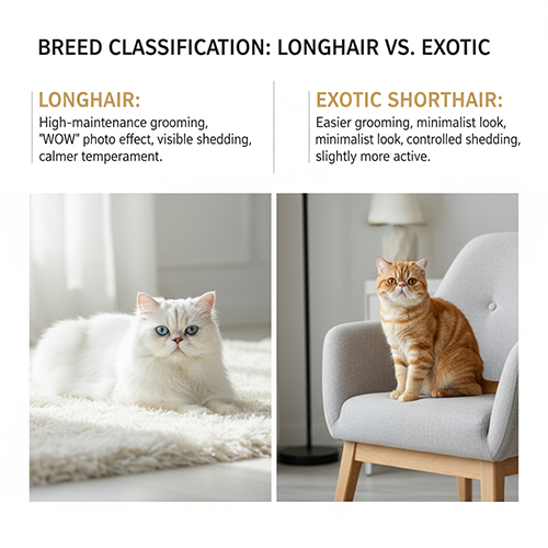 So sánh mèo Ba Tư lông dài và Exotic Shorthair với hai hình minh họa: một bé longhair trắng và một bé exotic vàng cam