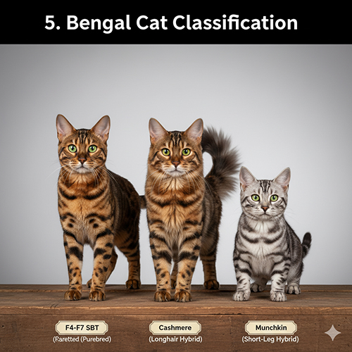 Ba chú mèo Bengal gồm thuần chủng, lông dài Cashmere và lai Munchkin đứng cạnh nhau trên nền gỗ.