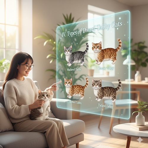 Cô gái ngồi trong phòng khách cùng mèo Munchkin Tabby, màn hình hiển thị các loại Tabby gồm Mackerel, Classic, Spotted và Ticked