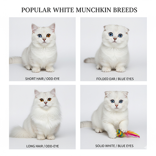Bốn loại mèo Munchkin trắng phổ biến: lông ngắn mắt hai màu, tai cụp mắt xanh, lông dài mắt hai màu và trắng tuyền mắt xanh, chụp trên nền trắng tinh khôi.