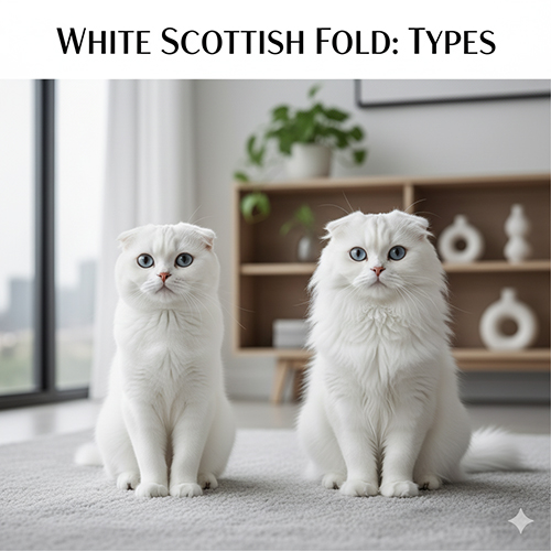 Hai mèo tai cụp trắng (Scottish Fold) ngồi cạnh nhau, một lông ngắn và một lông dài, trong phòng khách sáng sủa.