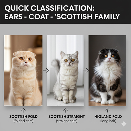 Ba bé mèo đại diện cho họ Scottish: Scottish Fold tai cụp, Scottish Straight tai thẳng và Highland Fold lông dài, đứng cạnh nhau trong ánh sáng tự nhiên
