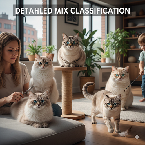 Nhóm nhiều mèo Xiêm lai với các kiểu lông khác nhau trong phòng khách, một người đang chải lông cho mèo và trẻ nhỏ đang chơi cùng.