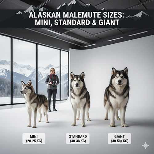 Phân loại size chó Alaska gồm mini, standard và giant với mức cân nặng lý tưởng