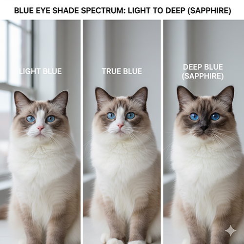 Ba mức sắc độ mắt xanh của mèo Ragdoll: nhạt, trung và đậm sapphire đặt cạnh nhau